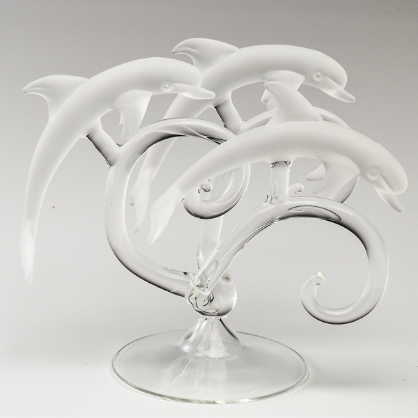 Trio of Dolphins in Frosted White Glass Medium