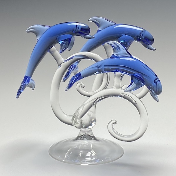 Trio of Dolphins in Blue Glass Medium
