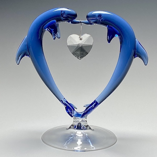 Kissing Dolphins in Blue Glass with Crystal Heart