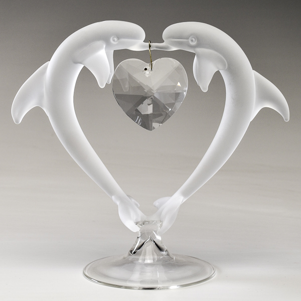 Kissing Dolphins in Frosted White Glass with Crystal Heart